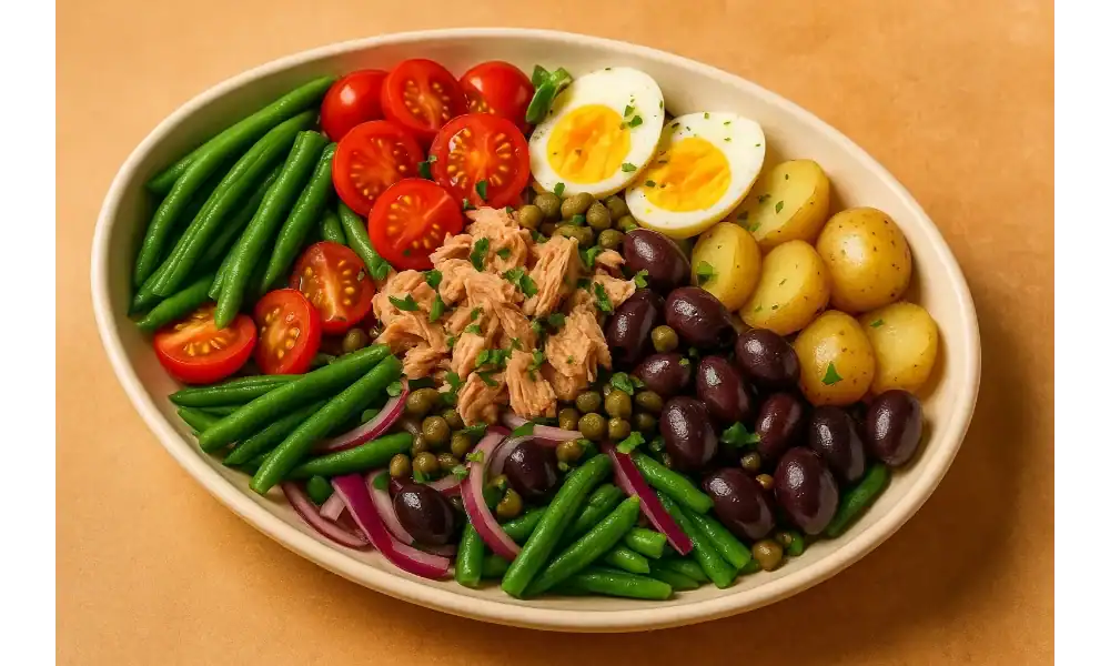 Authentic Niçoise salad with tuna, potatoes, eggs, olives, and vegetables served in an oval plate