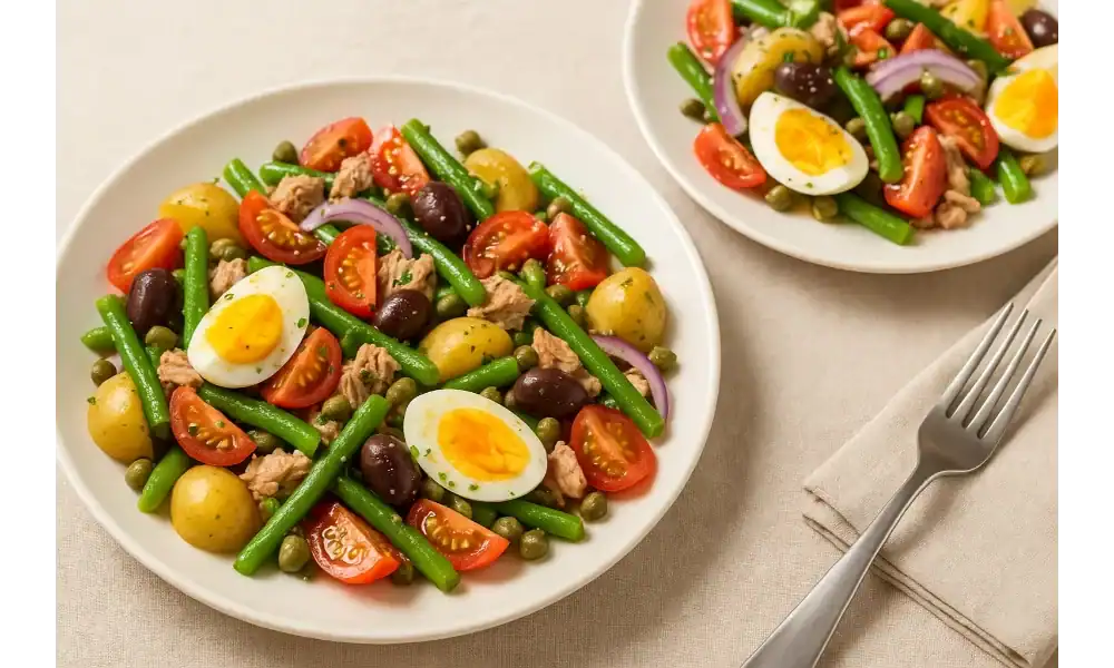 Two plates of Authentic Niçoise salad with tuna, eggs, green beans, potatoes, and olives on a light tablecloth