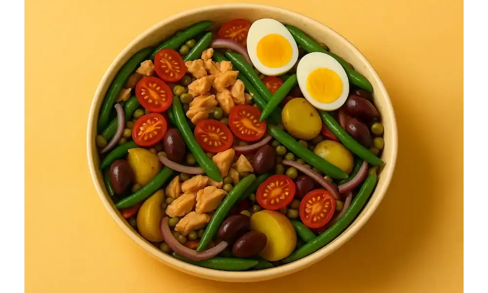 Authentic Niçoise salad in a round bowl with tuna, eggs, green beans, potatoes, tomatoes, olives, peas, and onions on a yellow background