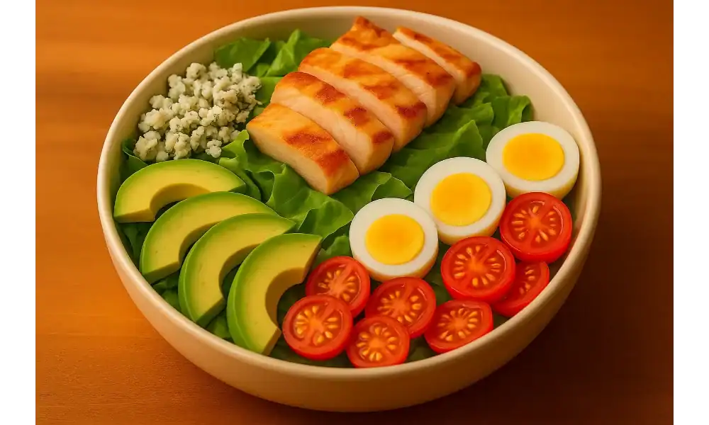 Cobb salad with grilled chicken, avocado, blue cheese, boiled eggs, and cherry tomatoes in a white bowl on a wooden table