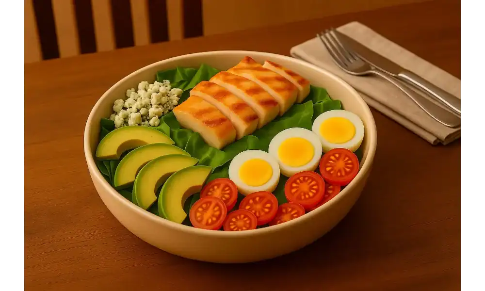 Cobb salad served in a bowl on a wooden dining table with grilled chicken, avocado, blue cheese, eggs, and cherry tomatoes