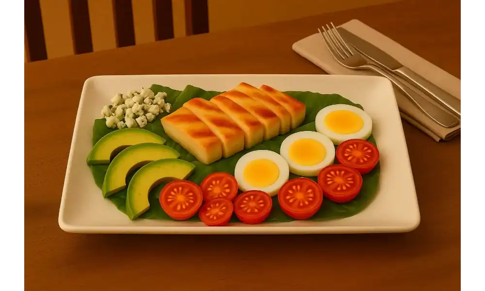 Cobb salad served on a rectangular white plate with grilled chicken, avocado, eggs, cherry tomatoes, and blue cheese on a wooden dining table