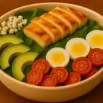 Close-up of Cobb salad in a round bowl with grilled chicken, avocado, hard-boiled eggs, tomatoes, and blue cheese