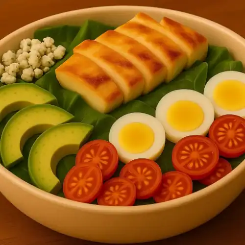 Close-up of Cobb salad in a round bowl with grilled chicken, avocado, hard-boiled eggs, tomatoes, and blue cheese