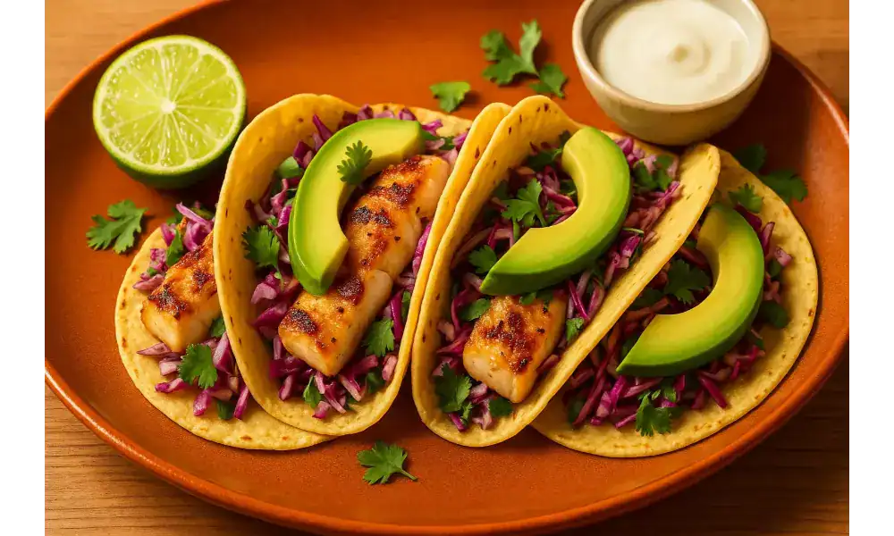 Grilled Mahi Mahi tacos topped with avocado and purple cabbage slaw on a warm-toned plate.