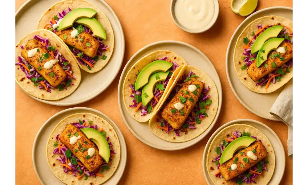 Overhead view of multiple plates with Mahi Mahi tacos topped with avocado, slaw, and creamy sauce on a warm-toned table.