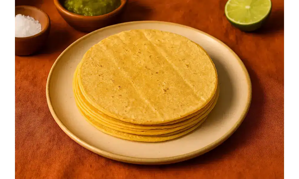 Stack of golden corn tortillas on a ceramic plate with lime, salsa, and salt in the background.