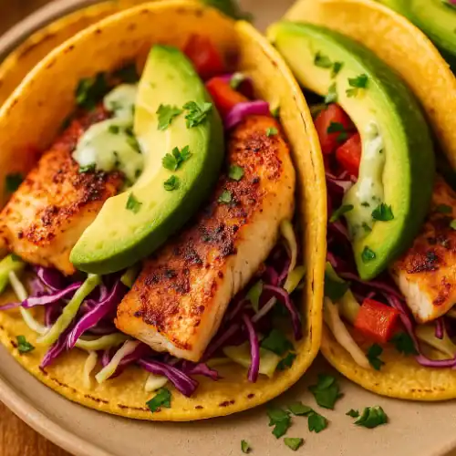 Close-up of Mahi Mahi tacos with avocado, cabbage slaw, and creamy green sauce in golden corn tortillas.