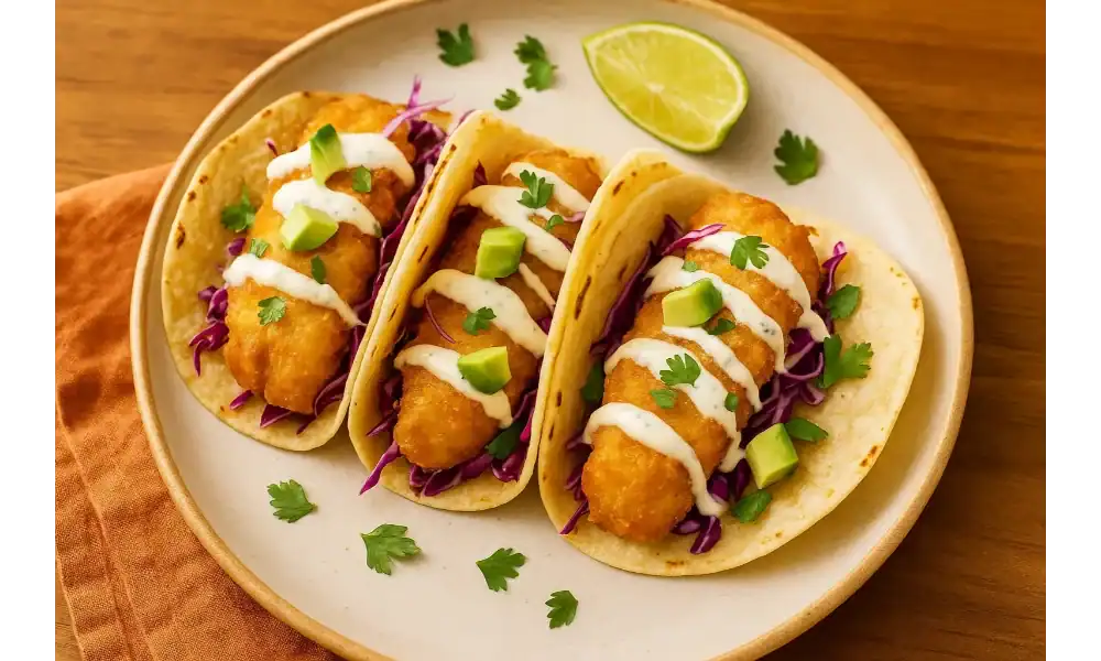 Close-up of three crispy Baja fish tacos topped with lime crema, cabbage slaw, avocado, and cilantro on a plate.