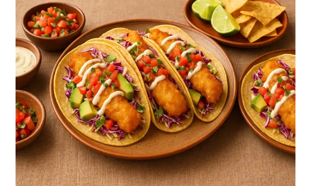 Plate of Baja fish tacos with crispy fillets, avocado, slaw, and lime crema, served with chips and pico de gallo.