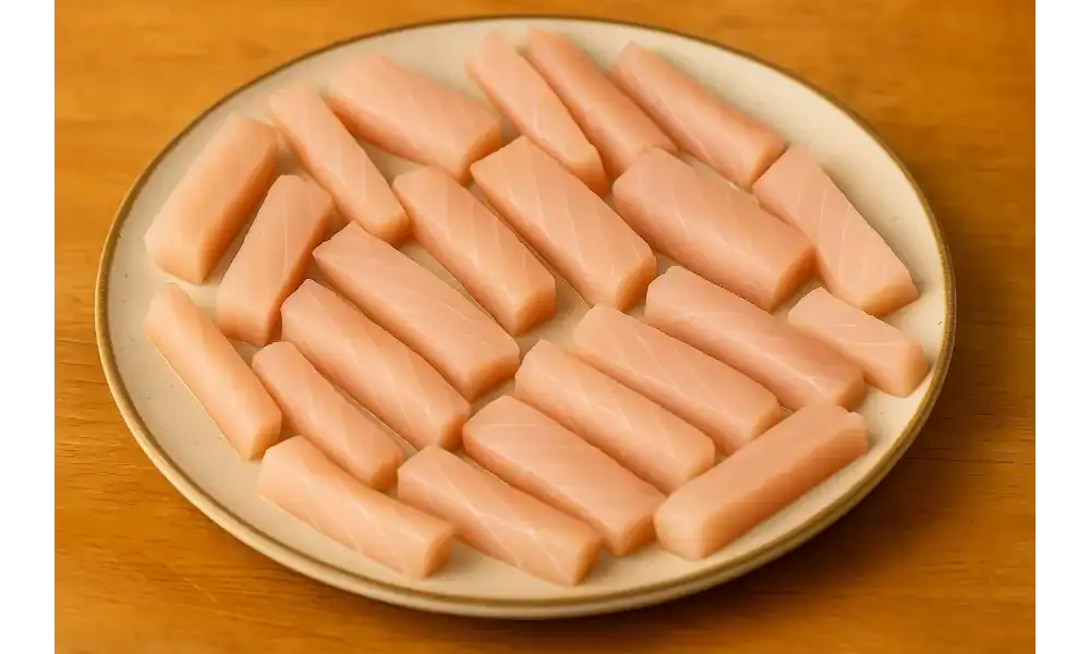 Raw fish strips neatly arranged on a plate, ready to be battered and fried for Baja fish tacos.