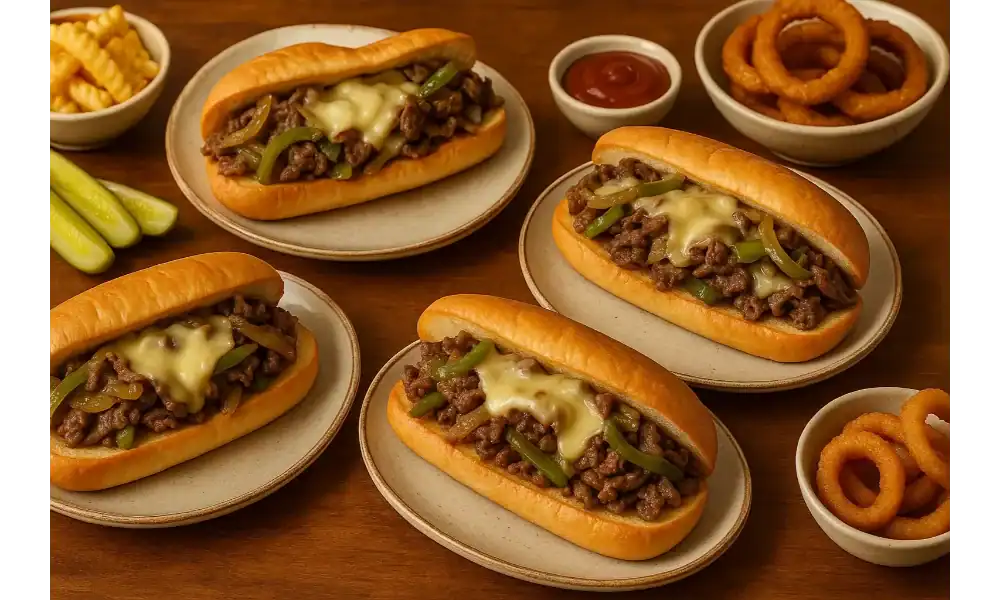 Close-up of five Philly cheesesteak sandwiches served on plates with sides of fries, onion rings, and pickles.