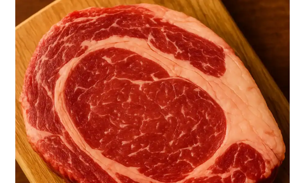 Close-up of a raw ribeye steak with rich marbling on a wooden cutting board.