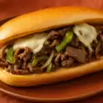 Close-up of a Philly cheesesteak sandwich with melted cheese, sautéed onions, and green peppers on a hoagie roll.