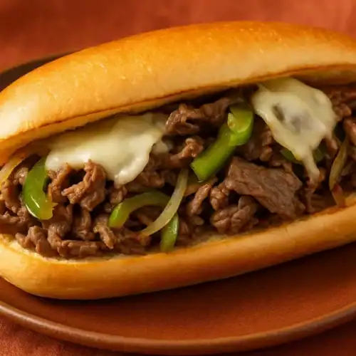 Close-up of a Philly cheesesteak sandwich with melted cheese, sautéed onions, and green peppers on a hoagie roll.