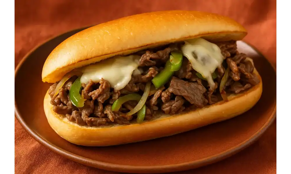 Close-up of a Philly cheesesteak sandwich with melted cheese, sautéed onions, and green peppers on a hoagie roll.