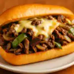 Close-up of a Philly cheesesteak with melted cheese, onions, and green peppers in a toasted hoagie roll.