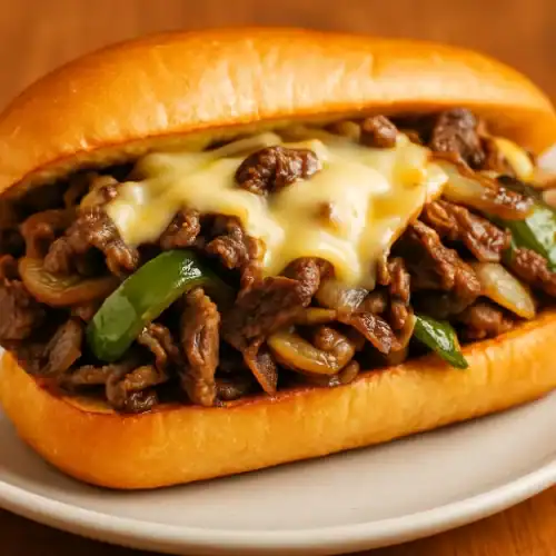 Close-up of a Philly cheesesteak with melted cheese, onions, and green peppers in a toasted hoagie roll.