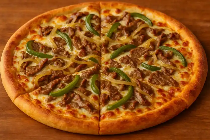 Philly cheesesteak pizza topped with sliced steak, green bell peppers, and onions on a golden crust