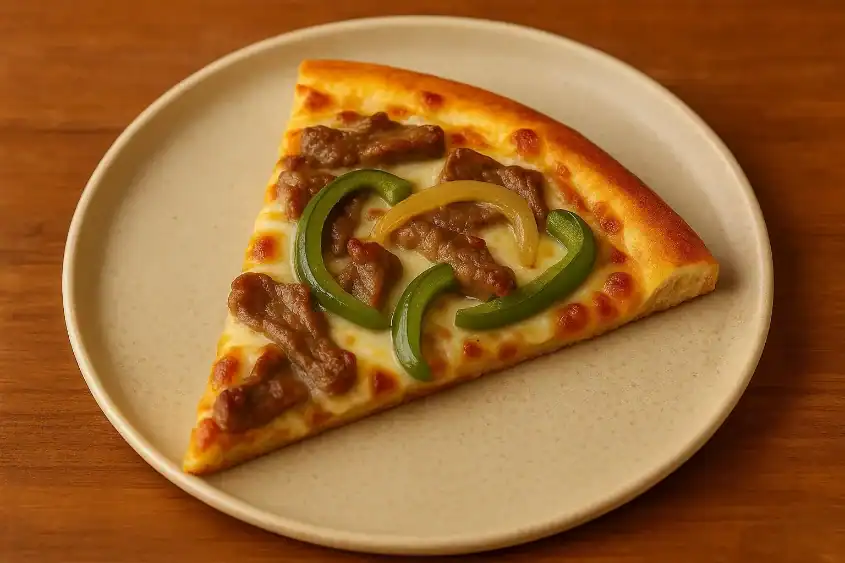 Single slice of Philly cheesesteak pizza with steak, onions, and green peppers on a plate