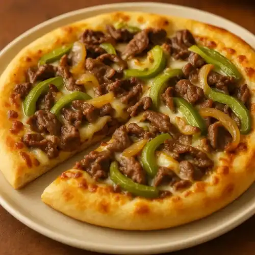 Philly cheesesteak pizza on a plate with steak, green peppers, and onions