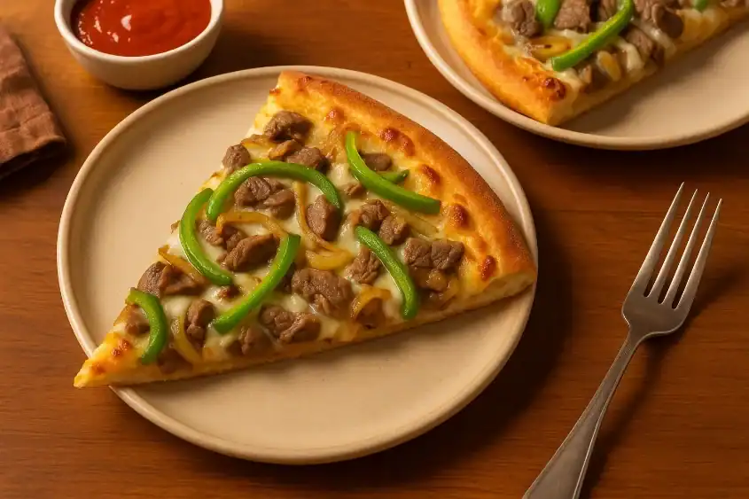 Philly cheesesteak pizza slice on a plate with green peppers, onions, and steak, served with sauce and fork