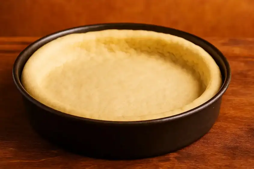 Raw deep dish pizza dough in a dark round pan on a wooden surface