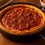 Baked Chicago-style deep dish pizza with rich tomato sauce in a black cast iron pan