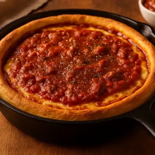 Baked Chicago-style deep dish pizza with rich tomato sauce in a black cast iron pan