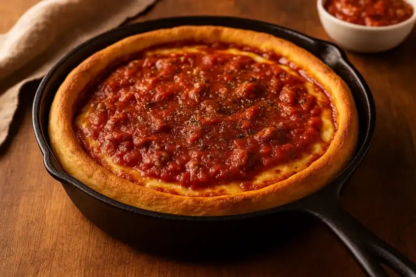 Baked Chicago-style deep dish pizza with rich tomato sauce in a black cast iron pan