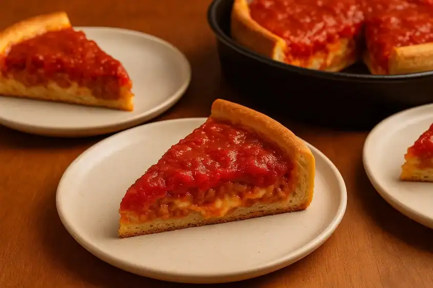Slices of Chicago-style deep dish pizza served on white plates with a pan of pizza in the background