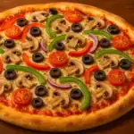 Homemade Veggie Supreme Pizza topped with mushrooms, olives, peppers, and tomatoes on a wooden table.