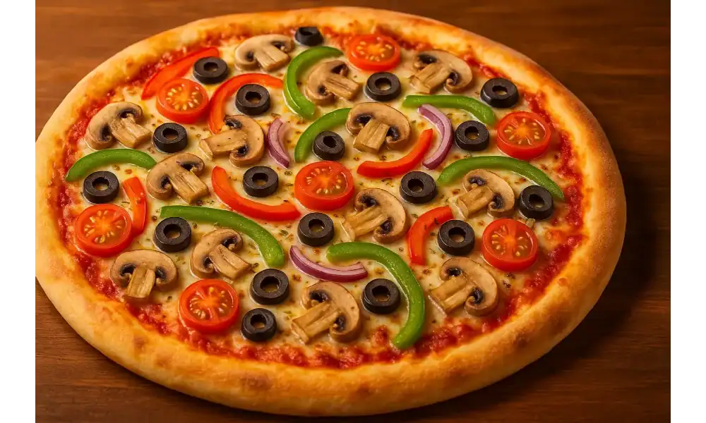 Homemade Veggie Supreme Pizza topped with mushrooms, olives, peppers, and tomatoes on a wooden table.