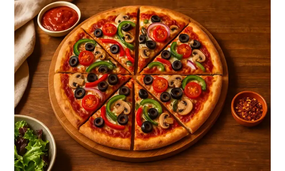 Sliced homemade Veggie Supreme Pizza on a wooden board with fresh salad, sauce, and chili flakes.