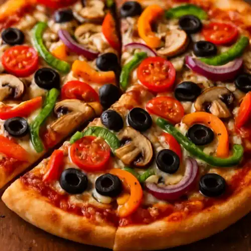 Close-up of a sliced Veggie Supreme Pizza with colorful fresh toppings on a crispy homemade crust.