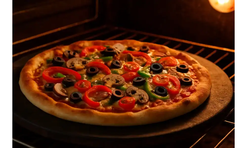 Veggie Supreme Pizza baking on a pizza stone in a warmly lit oven.