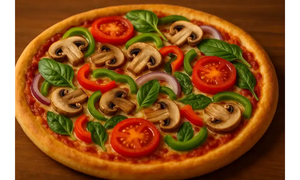 Fresh veggie pizza with mushrooms, tomatoes, bell peppers, onions, and basil on a golden crust.