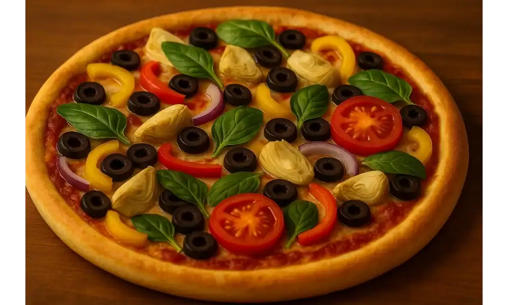 Veggie pizza topped with artichoke hearts, black olives, bell peppers, red onions, fresh basil, and tomato slices.