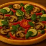 Veggie pizza topped with mushrooms, zucchini, broccoli, red peppers, olives, corn, tomato, and fresh basil.