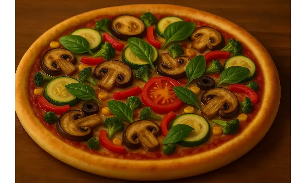 Veggie pizza topped with mushrooms, zucchini, broccoli, red peppers, olives, corn, tomato, and fresh basil.