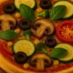 Close-up of veggie pizza with mushrooms, zucchini, black olives, corn, broccoli, tomato, and fresh basil.