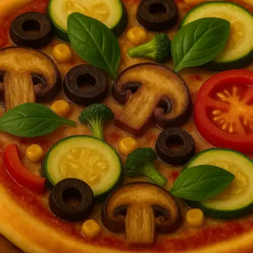 Close-up of veggie pizza with mushrooms, zucchini, black olives, corn, broccoli, tomato, and fresh basil.