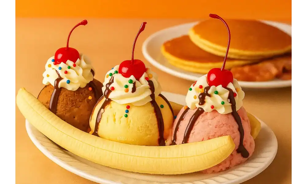 Classic homemade banana split with scoops of chocolate, vanilla, and strawberry ice cream topped with whipped cream, cherries, and served with pancakes in the background.