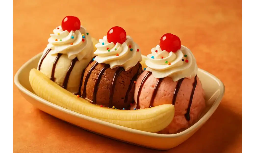 Classic banana split with chocolate, vanilla, and strawberry ice cream scoops topped with whipped cream, chocolate sauce, sprinkles, and cherries in a beige dish on an orange background.