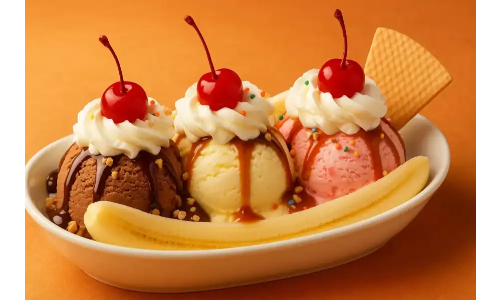 Homemade banana split with chocolate, vanilla, and strawberry ice cream scoops topped with whipped cream, caramel, chocolate sauce, sprinkles, cherries, and a wafer cookie in a white dish on an orange background.