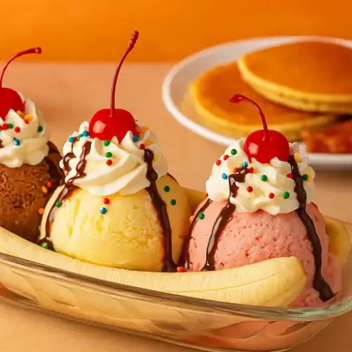 Homemade banana split in a glass dish with chocolate, vanilla, and strawberry ice cream, topped with whipped cream, chocolate drizzle, sprinkles, cherries, and served with pancakes in the background.
