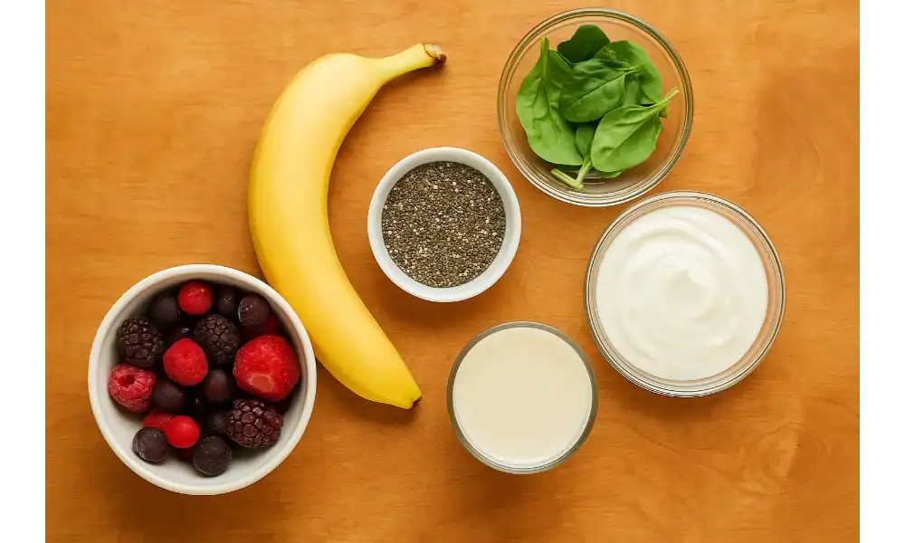 Top view of smoothie bowl ingredients including a banana, frozen berries, chia seeds, spinach, Greek yogurt, and almond milk on a wooden surface.