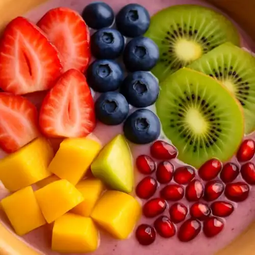 Smoothie bowl topped with sliced strawberries, blueberries, kiwi slices, mango chunks, and pomegranate seeds.