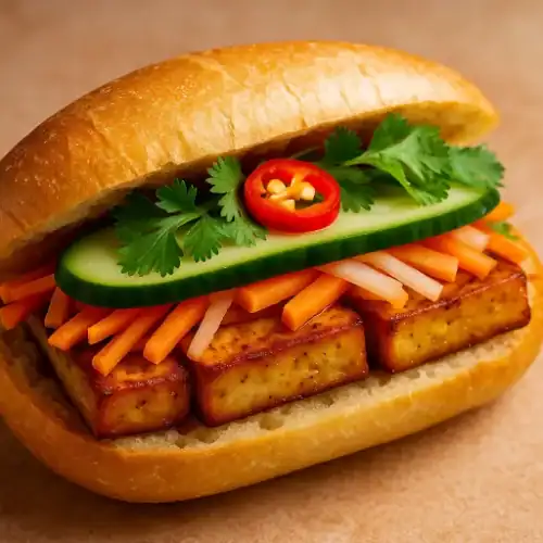 Tofu Vietnamese Banh Mi sandwich with pickled vegetables and fresh herbs on parchment paper