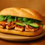 Tofu Vietnamese Banh Mi sandwich with pickled vegetables, cucumber, and cilantro on a plate